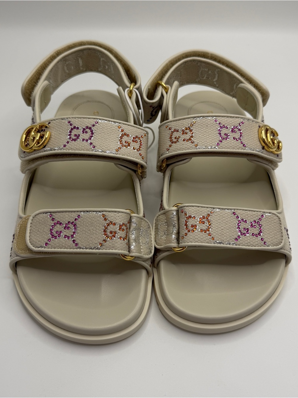 Gucci Beige Crystal GG Canvas Velcro Sandals with Gold Hardware SIZE 37 fit 7US